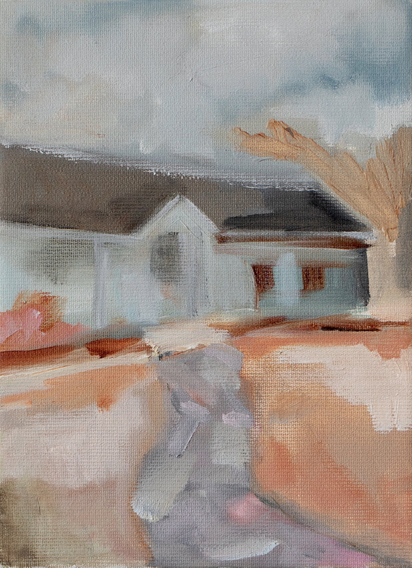 Original oil painting of a path leading to a house through autumn landscape from the Home series by Tamar Green