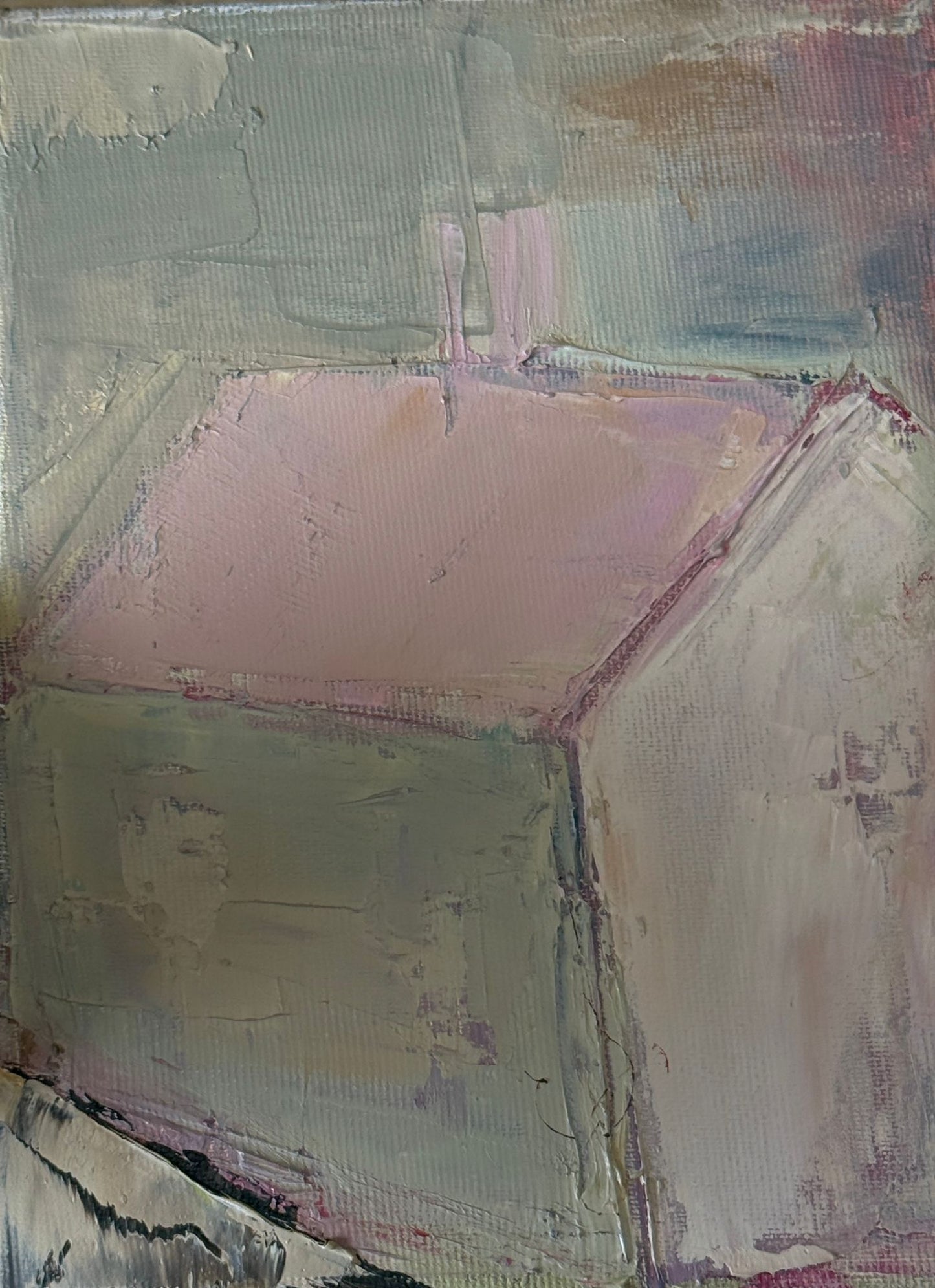 Original oil painting of a close-up pink roofed house in soft pastels from the Home series by Tamar Green