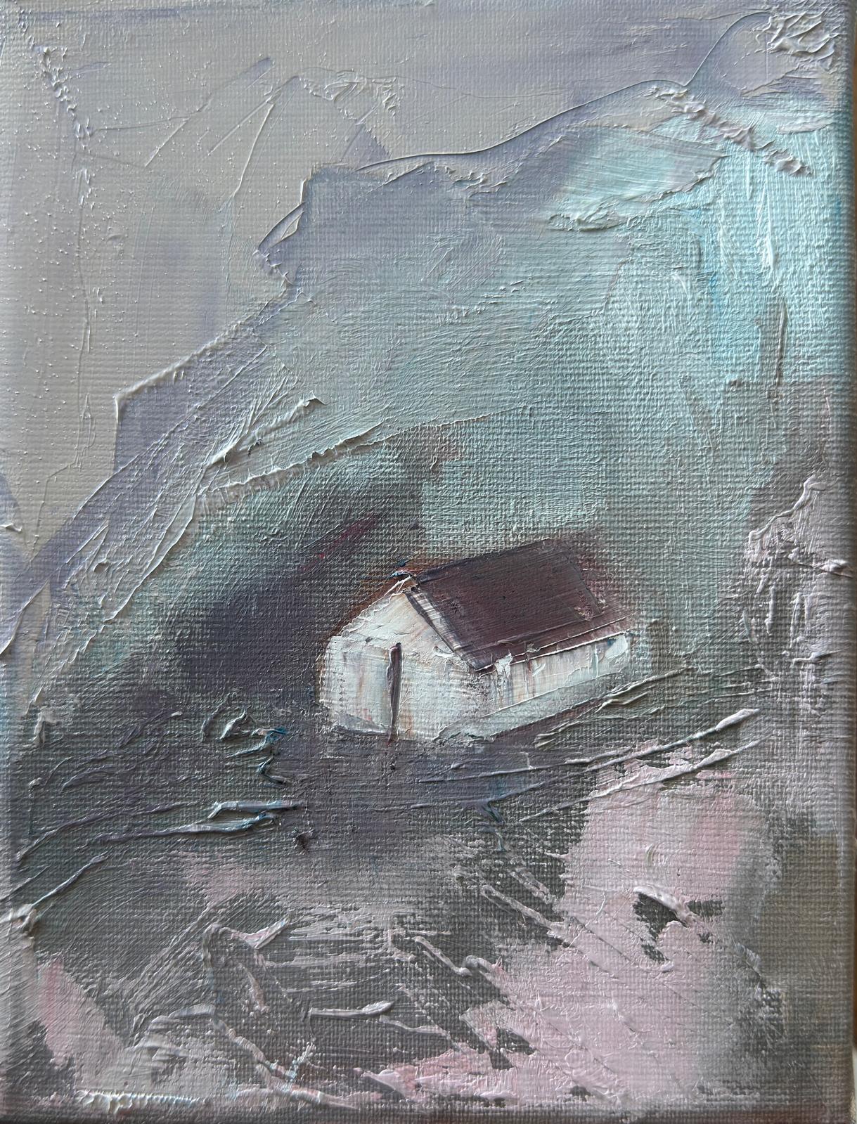 Original oil painting of a red roof against a dusky sky from the Home series by Tamar Green