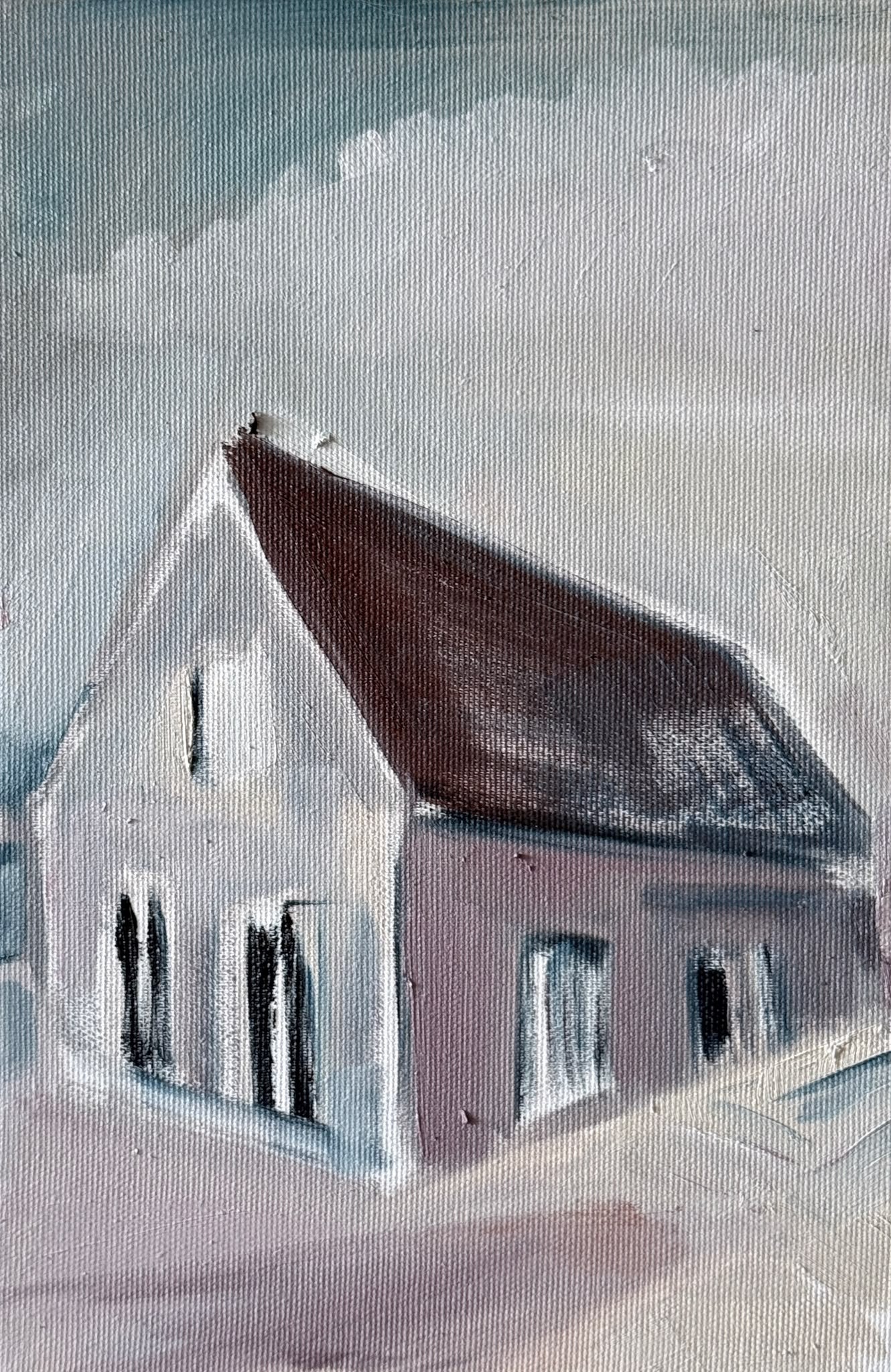 Original oil painting of a grey house with a dark roof and darkened windows from the Home series by Tamar Green