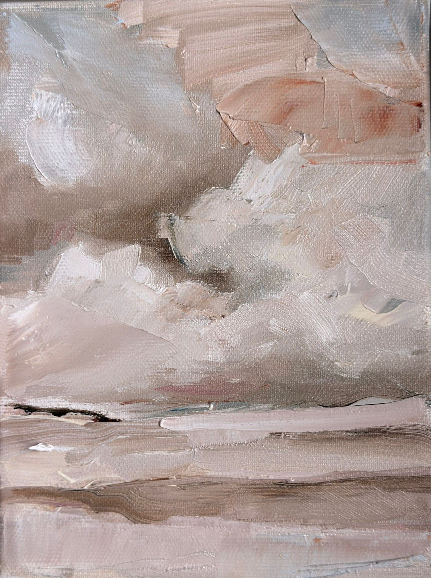 Original oil painting of soft clouds drifting over a pale horizon from the Home series by Tamar Green