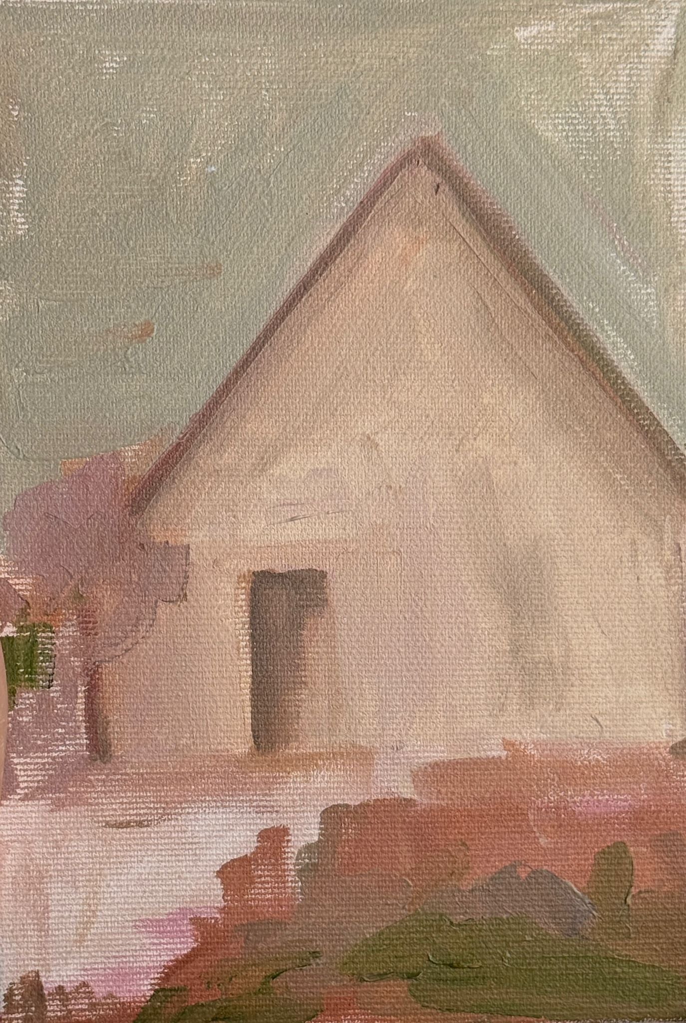 Original oil painting of a cream-walled cottage with peachy gable in dusty rose and sage tones, from the Home series by Israeli artist Tamar Green