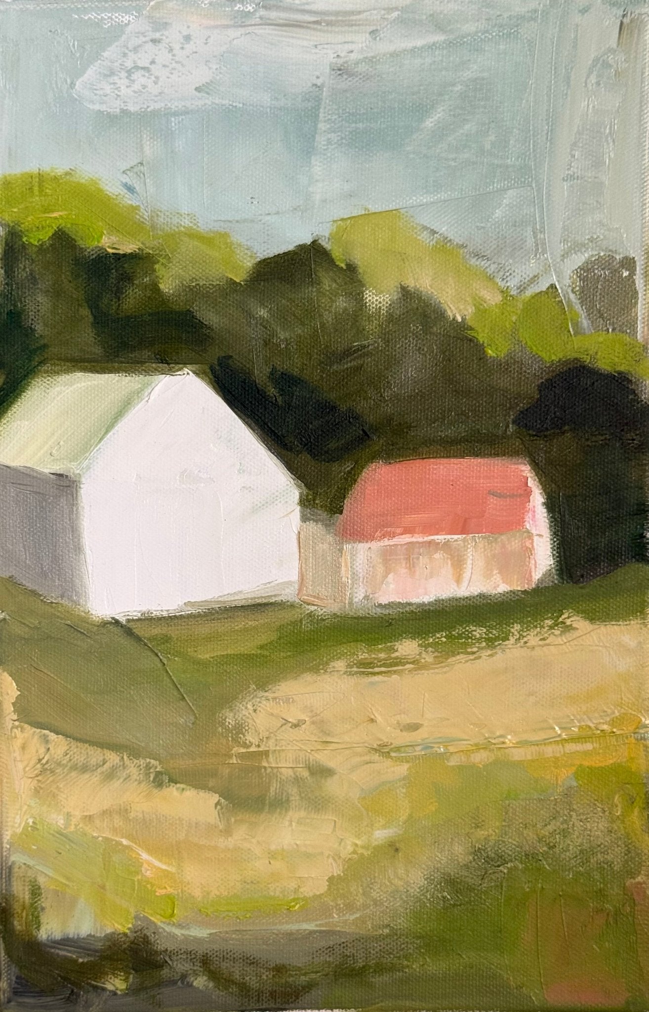 Original oil painting of two adjacent cottages with white and coral roofs amid summer green and golden fields with dark trees, from the Home series by Israeli artist Tamar Green