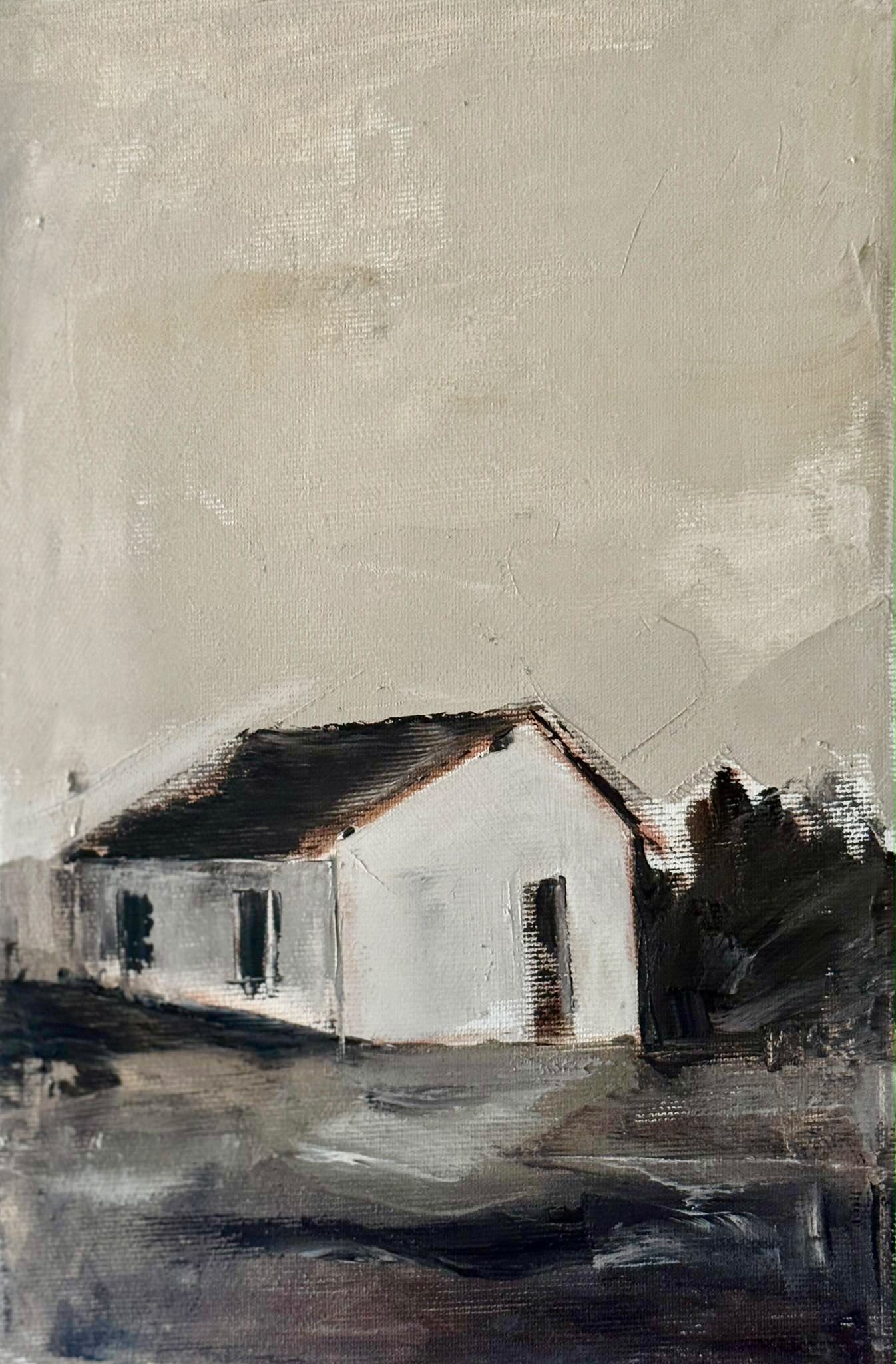 Original oil painting of a white house with a dark roof under a pale grey sky from the Home series by Tamar Green