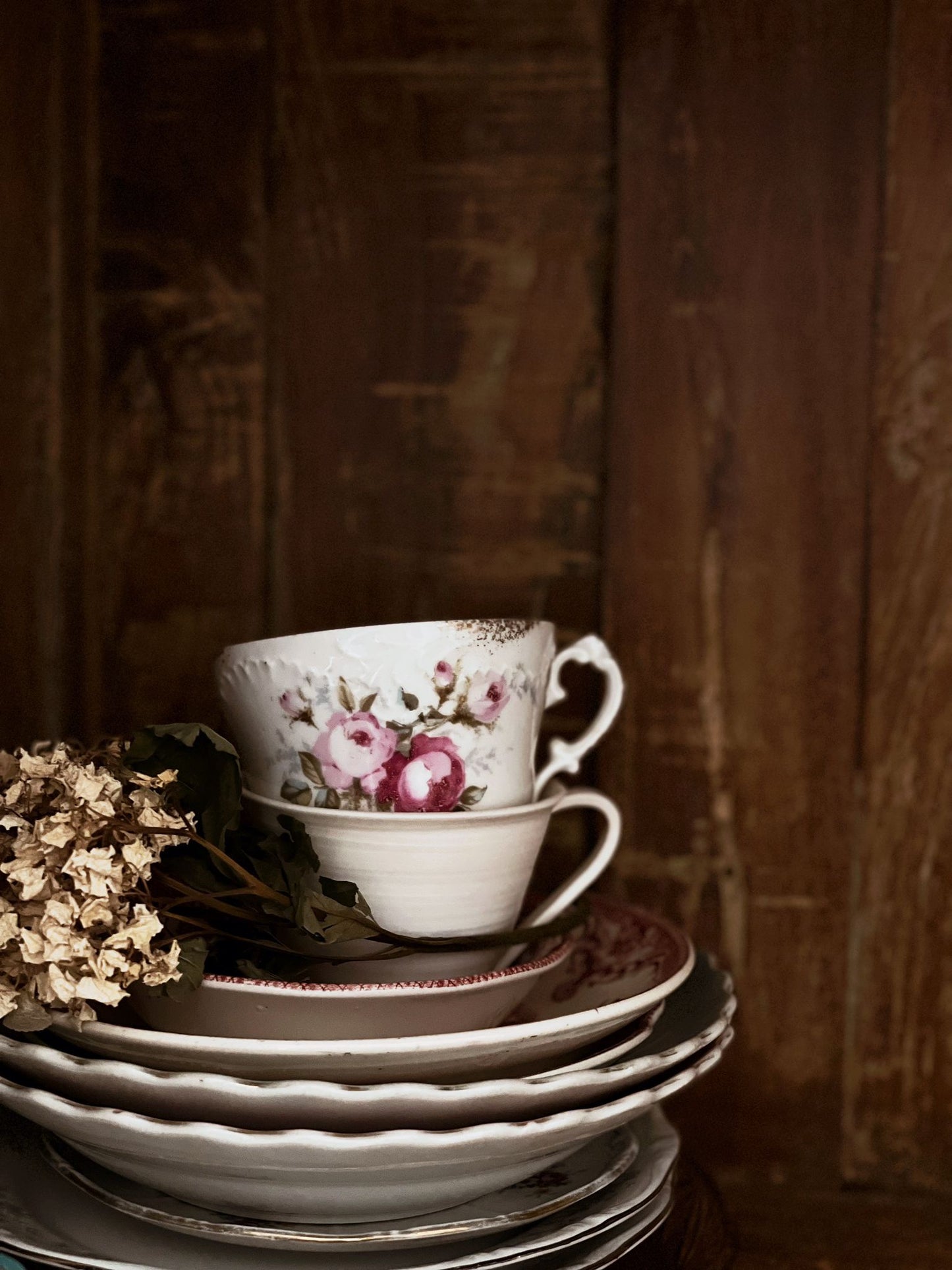 Fine art photography print of vintage floral teacup stacked on antique china plates with dried hydrangea against rustic wood, by Israeli artist Tamar Green