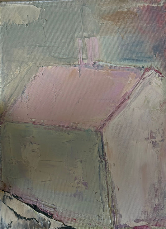 Original oil painting of a close-up pink roofed house in soft pastels from the Home series by Tamar Green