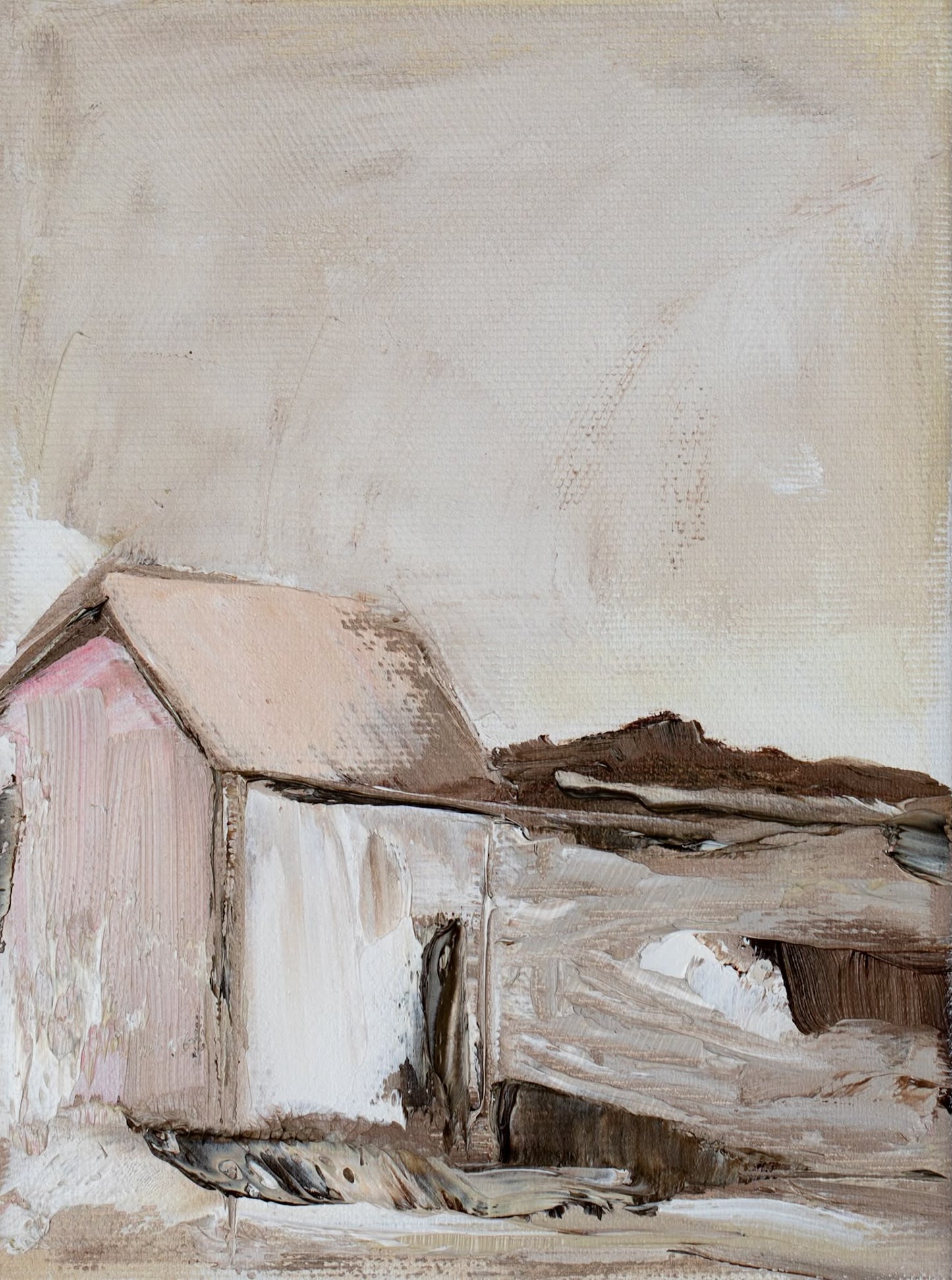 Original oil painting of a blush colored barn against a dark hill from the Home series by Tamar Green