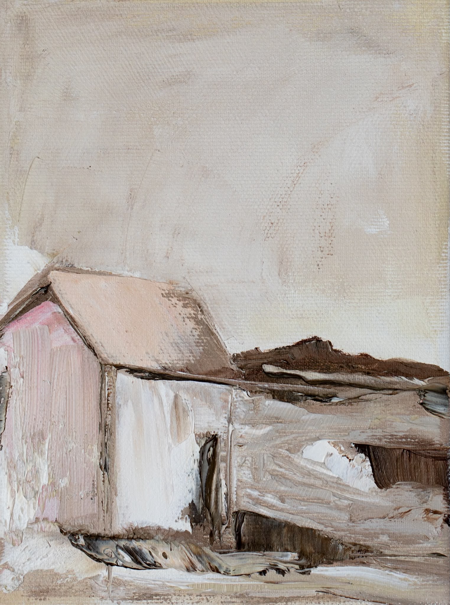 Original oil painting of a blush colored barn against a dark hill from the Home series by Tamar Green
