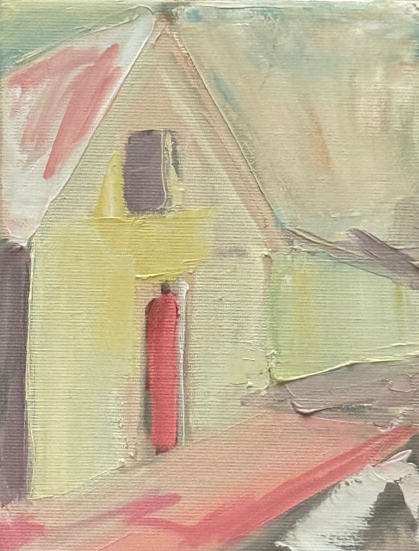 Original oil painting of a pink-tinted roof among close trees from the Home series by Tamar Green