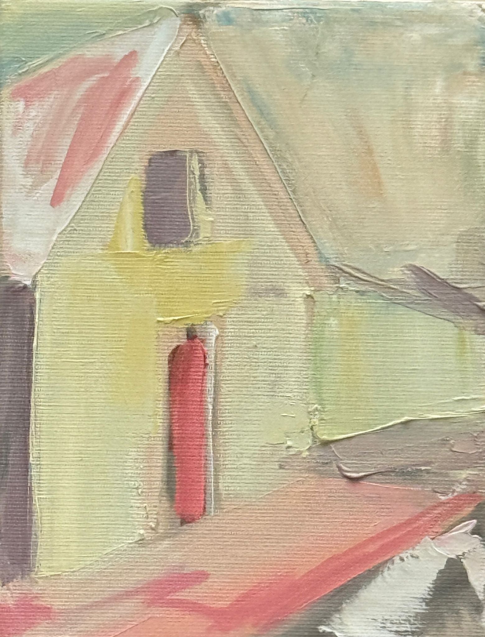 Original oil painting of a pink-tinted roof among close trees from the Home series by Tamar Green