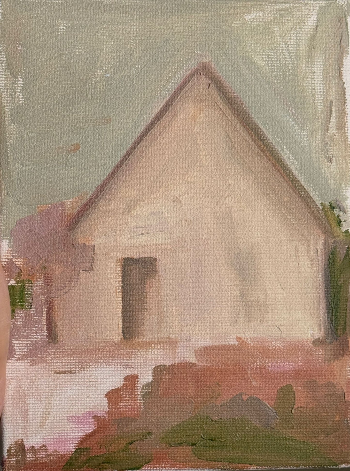 Original oil painting of a quiet cream house under a sage green sky from the Home series by Tamar Green