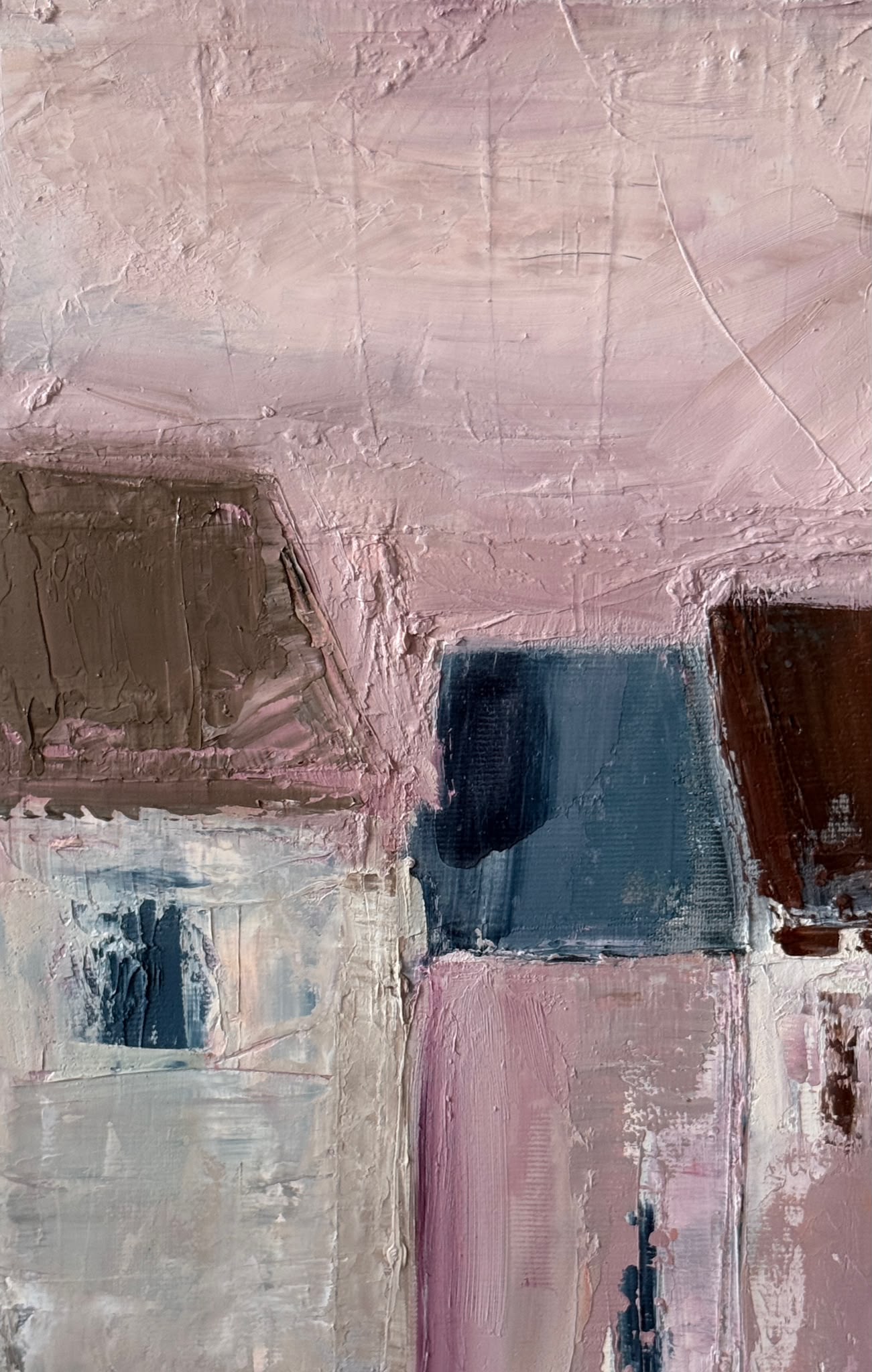 Original abstract oil painting of village rooftops under a pink sky from the Home series by Tamar Green
