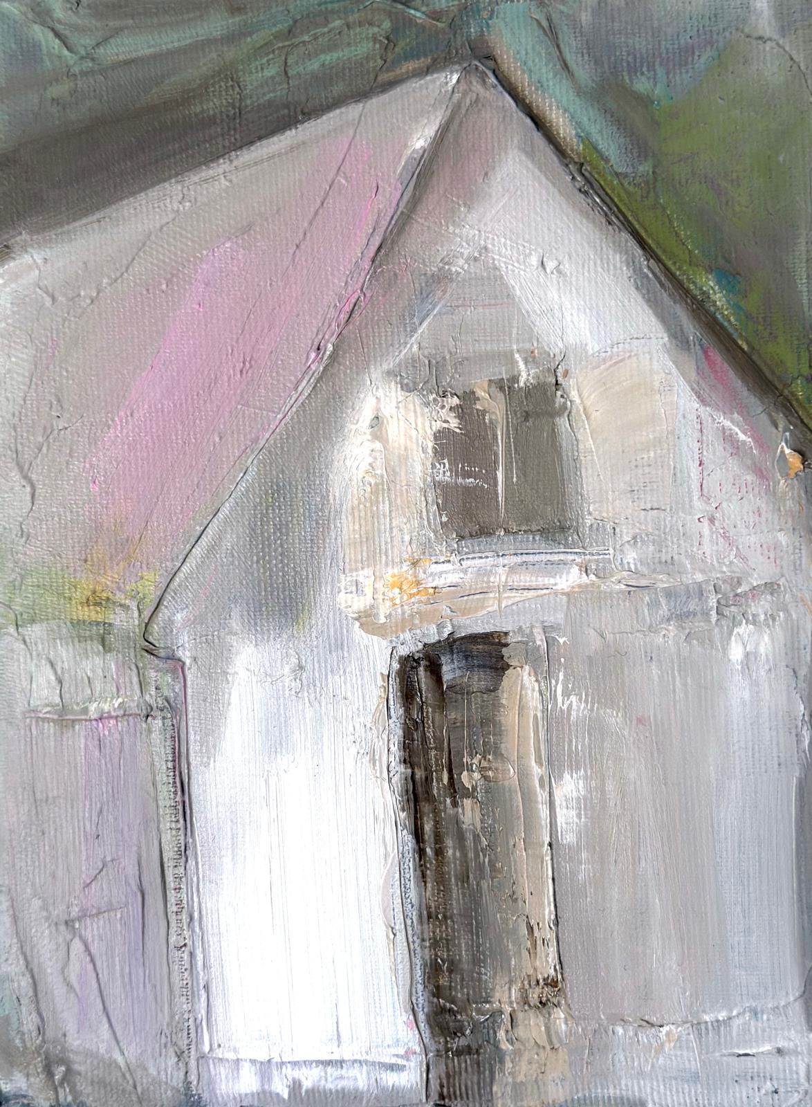 Original oil painting of a luminous white house with a pink streaked roof from the Home series by Tamar Green