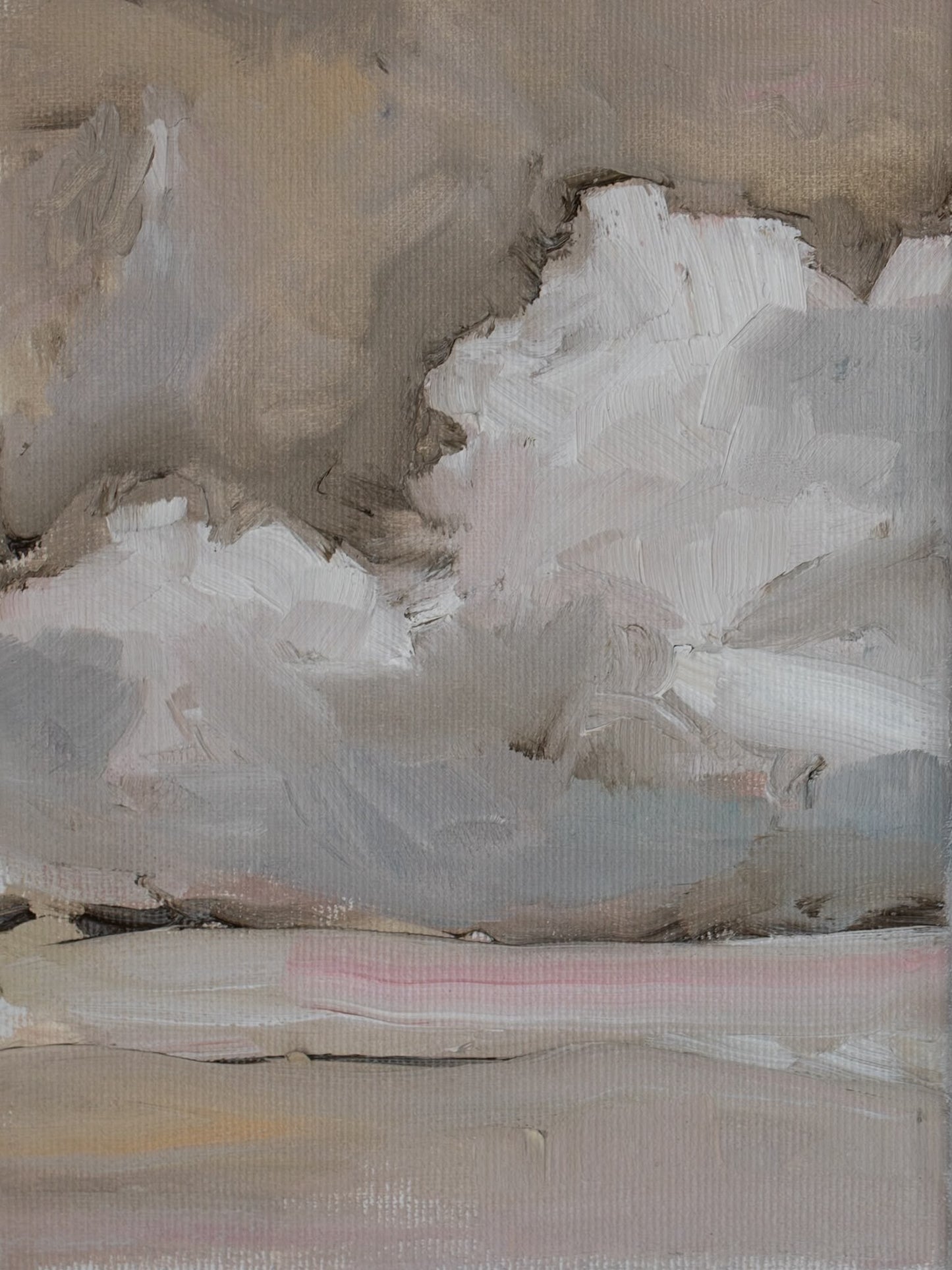 Original oil painting of soft beige clouds above a pale pink horizon from the Home series by Tamar Green