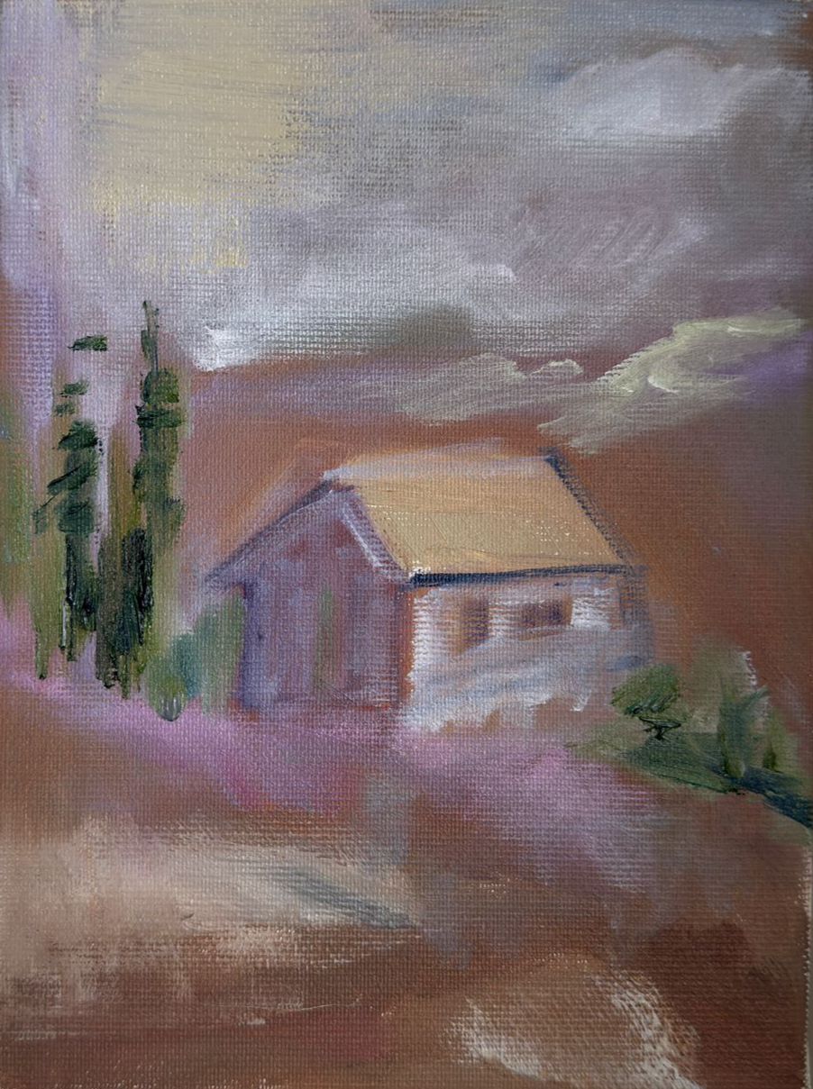 Original oil painting of a white cottage with golden roof flanked by cypress trees in a lavender hillscape under stormy sky, from the Home series by Israeli artist Tamar Green