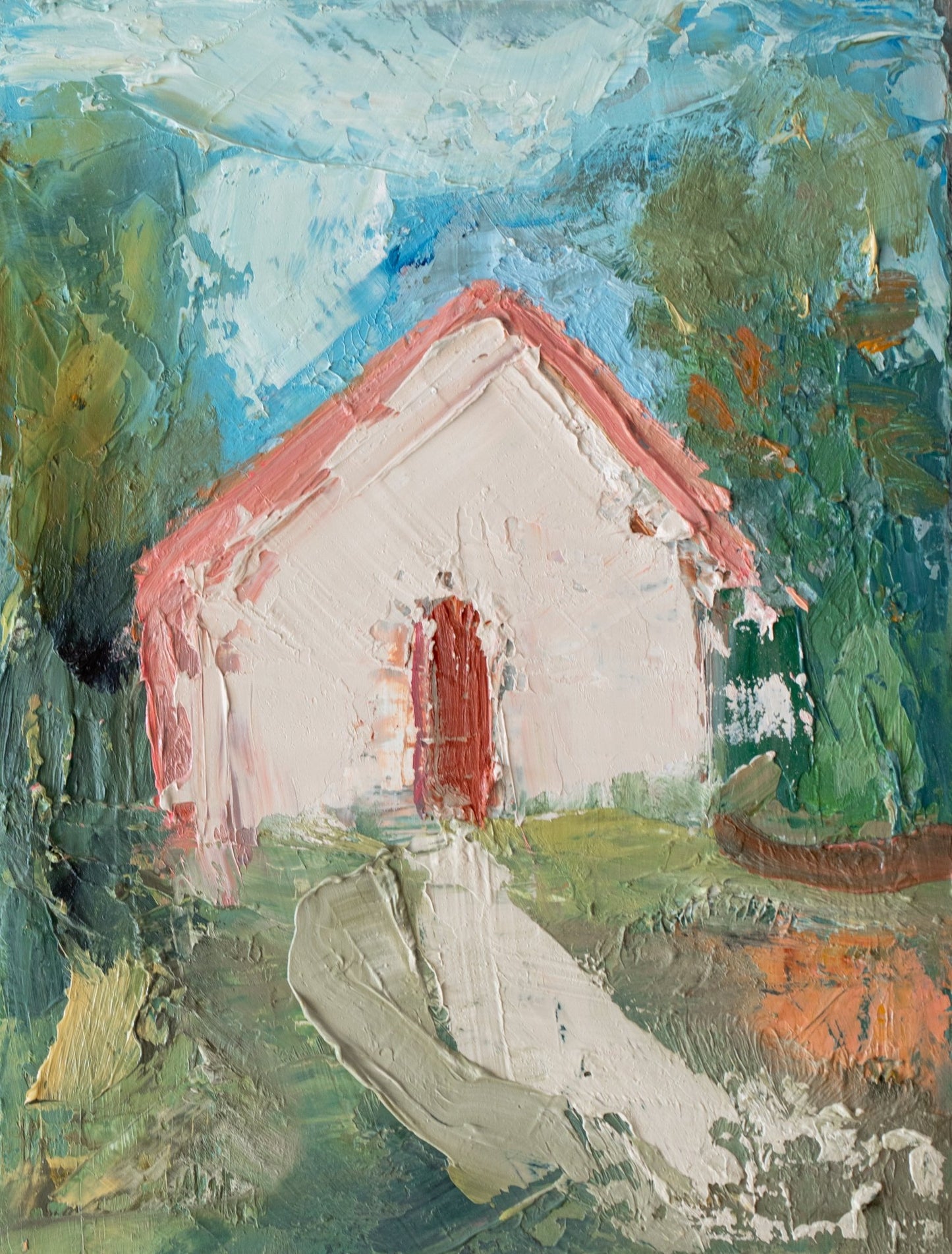 Original oil painting of a pink cottage with coral roof and red door amid lush greenery with stone path under blue sky, from the Home series by Israeli artist Tamar Green