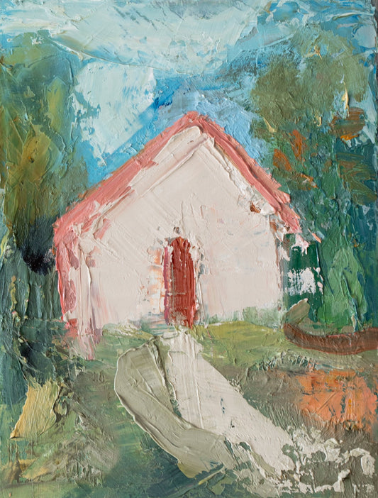 Original oil painting of a pink cottage with coral roof and red door amid lush greenery with stone path under blue sky, from the Home series by Israeli artist Tamar Green
