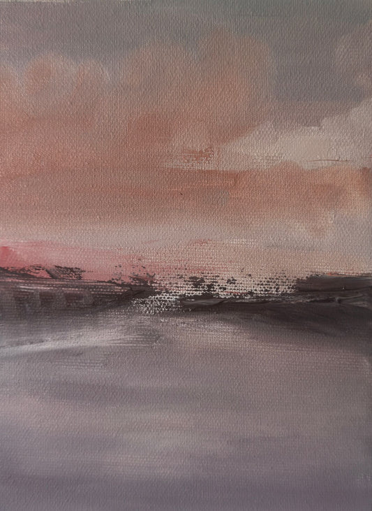 Original oil painting of a hazy pink and gray horizon over a fading hillside landscape from the Home series by Tamar Green