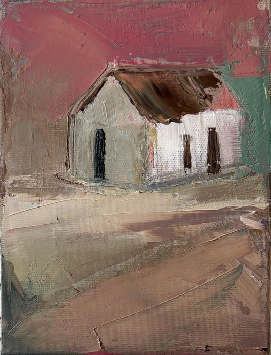 Original oil painting of a white house glowing under a fiery red sky from the Home series by Tamar Green