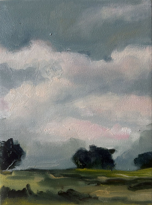 Original oil painting of a green treeline under a cloudy pink and gray sky from the Home series by Tamar Green