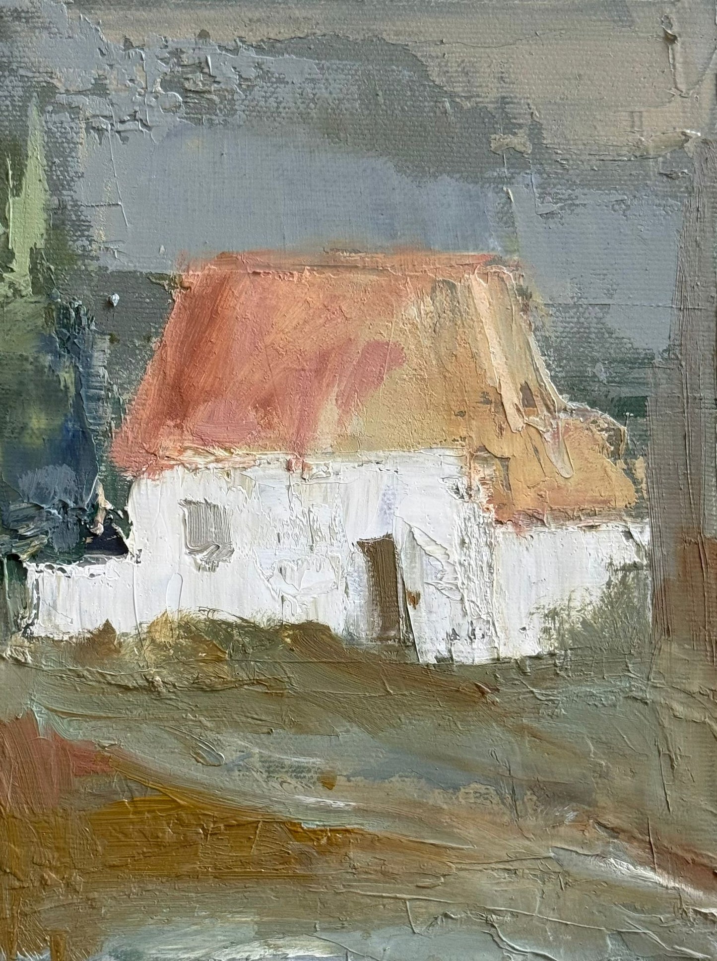 Original oil painting of a white cottage with coral red roof in a misty grey landscape with olive earth tones, from the Home series by Israeli artist Tamar Green