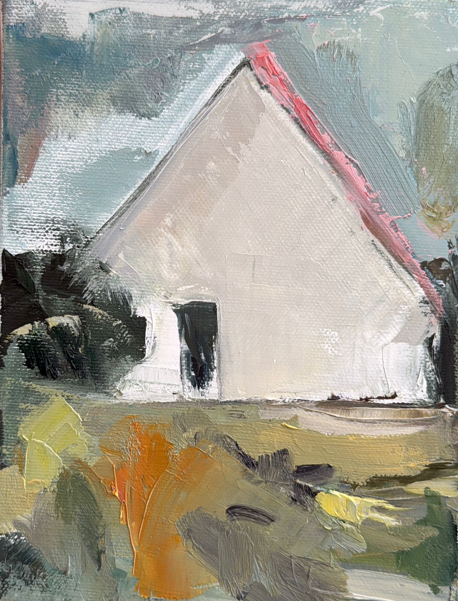 Original oil painting of a white cottage with coral pink roof outline amid olive and ochre autumn foliage, from the Home series by Israeli artist Tamar Green