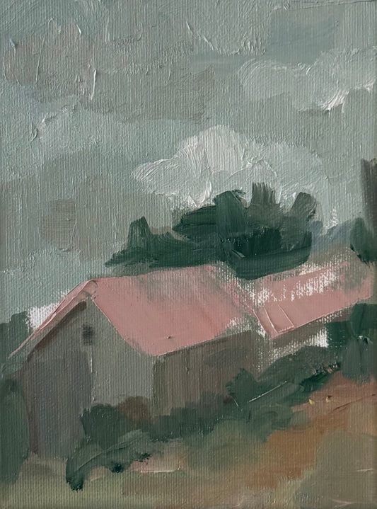 Original oil painting of a warm salmon coral roof seen close-up with white walls amid dark green trees and pale sky, from the Home series by Israeli artist Tamar Green