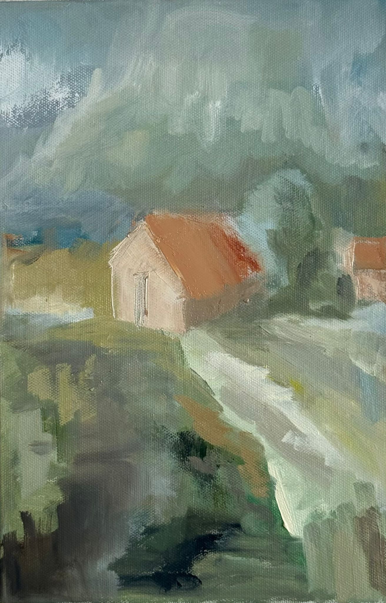 Original oil painting of cream cottages with terracotta roofs in a misty green sage landscape with winding path, from the Home series by Israeli artist Tamar Green