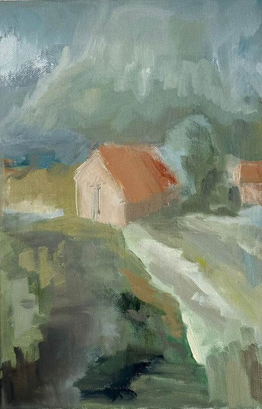 Original oil painting of cream cottages with terracotta roofs in a misty green sage landscape with winding path, from the Home series by Israeli artist Tamar Green