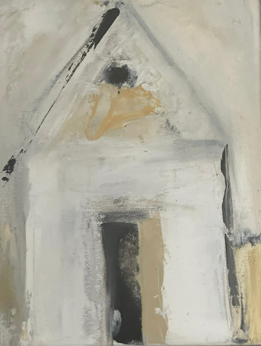 Original oil painting of a white house with steep gable in raw expressionistic brushwork with mustard and black accents, from the Home series by Israeli artist Tamar Green