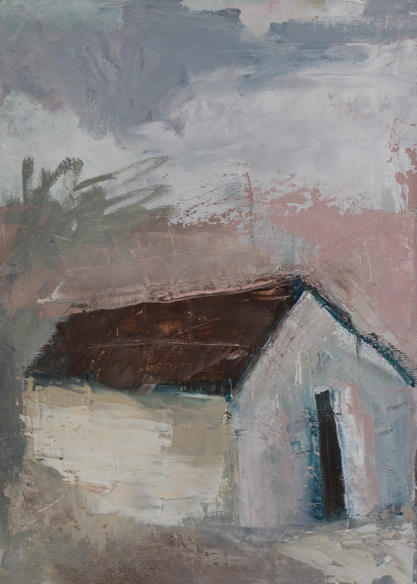 Original oil painting of a quiet house with a dark roof under a dusty rose sky from the Home series by Tamar Green