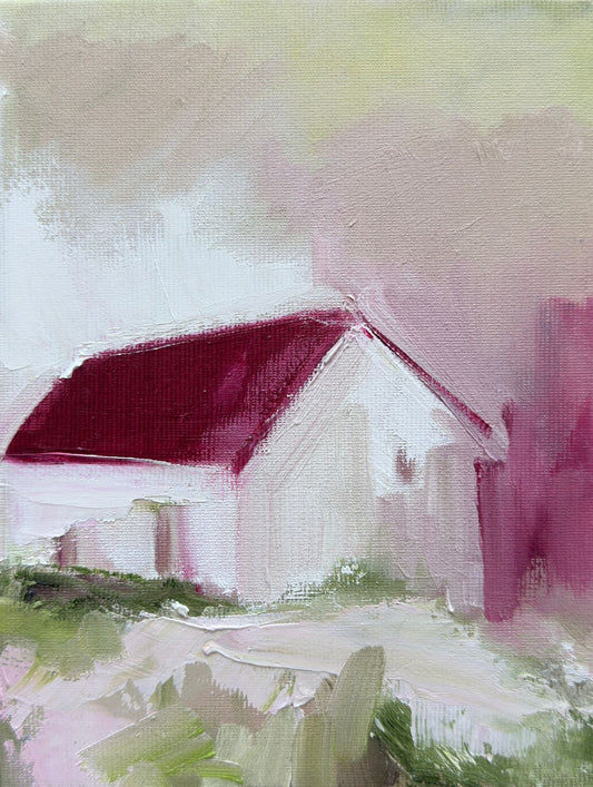 Original oil painting of a white barn with a deep crimson roof above green grass from the Home series by Tamar Green